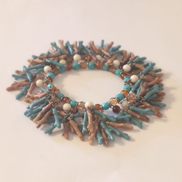 678 Blue and Brown "Branches" Cream Beaded Cha‎ Cha Bracelet - Picture 4 of 4